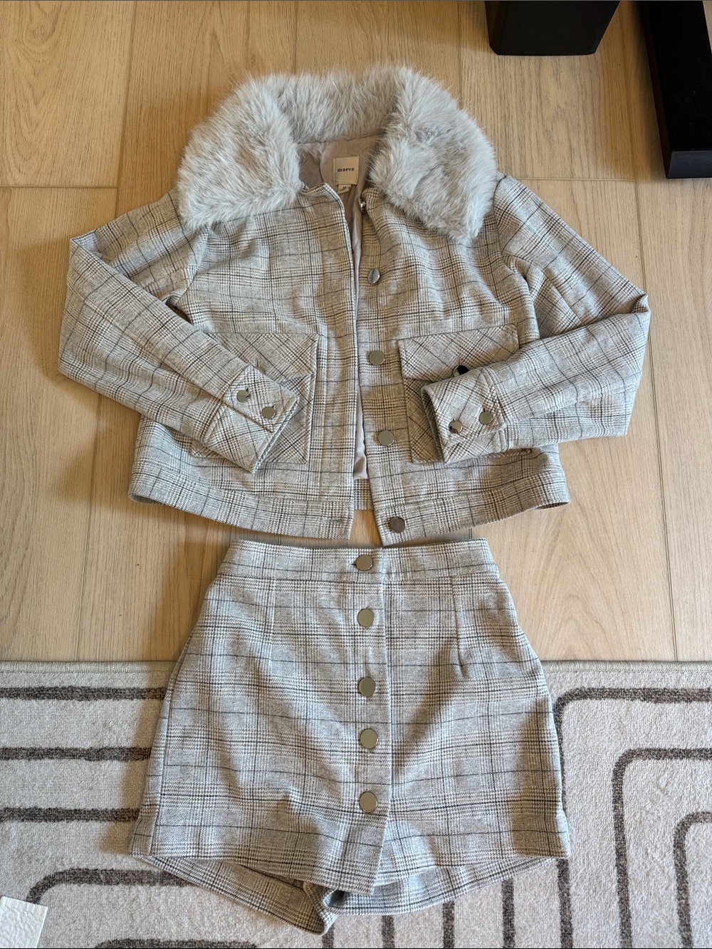 Maeve Gray Plaid Faux Fur Collar Jacket & Button-Front Mini Skirt Set